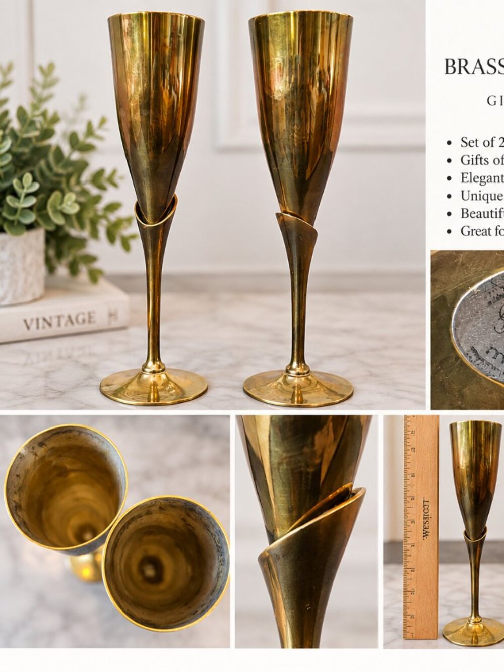 Vintage 1984 Maurice Duchin Brass Champagne Flutes Set of 2